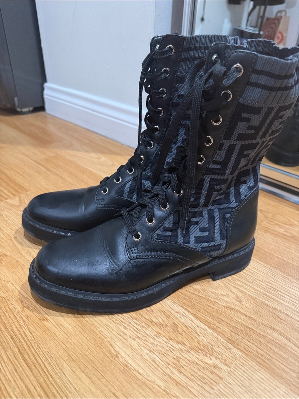 FENDI Lace-Up Combat Boots - Black and Gray